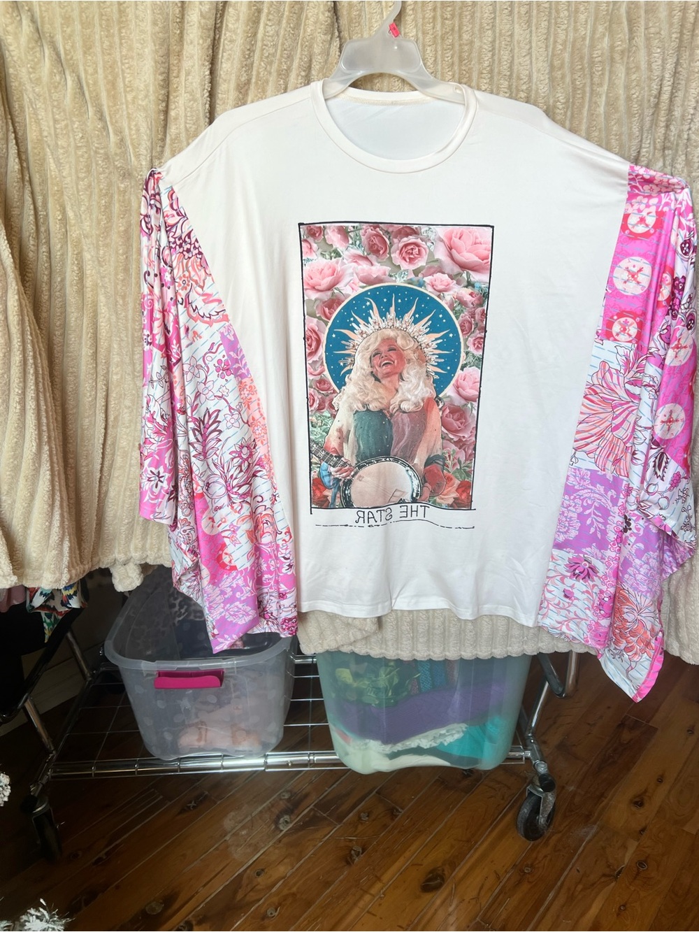 Cream Tunic Top with Pink Floral Bell Sleeves